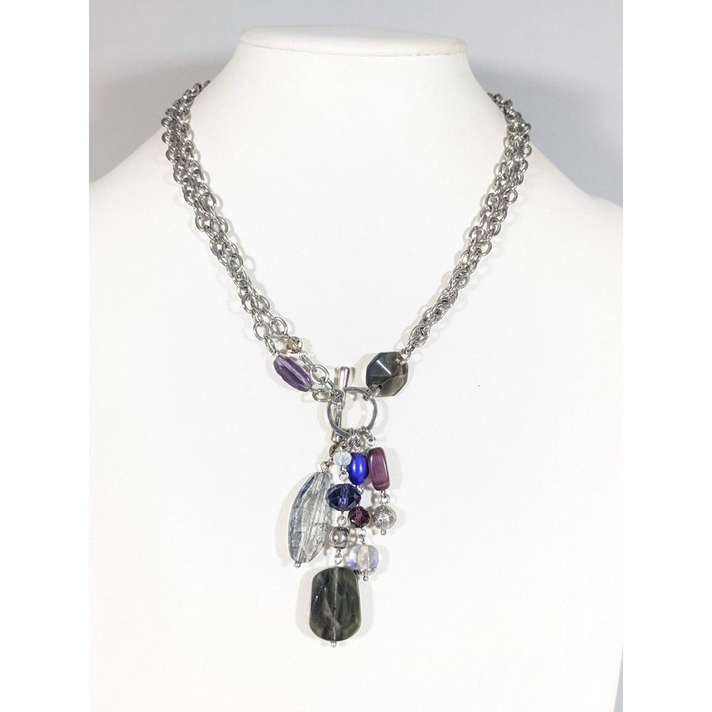 Silver Tone Purple Gray‎ Glass and Acrylic Charm Toggle Statement Necklace 19.5"
